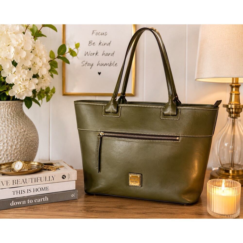 Dooney Bourke Green Avocado BEACON Solid Leather Front Pocket Shopper/ Tote.